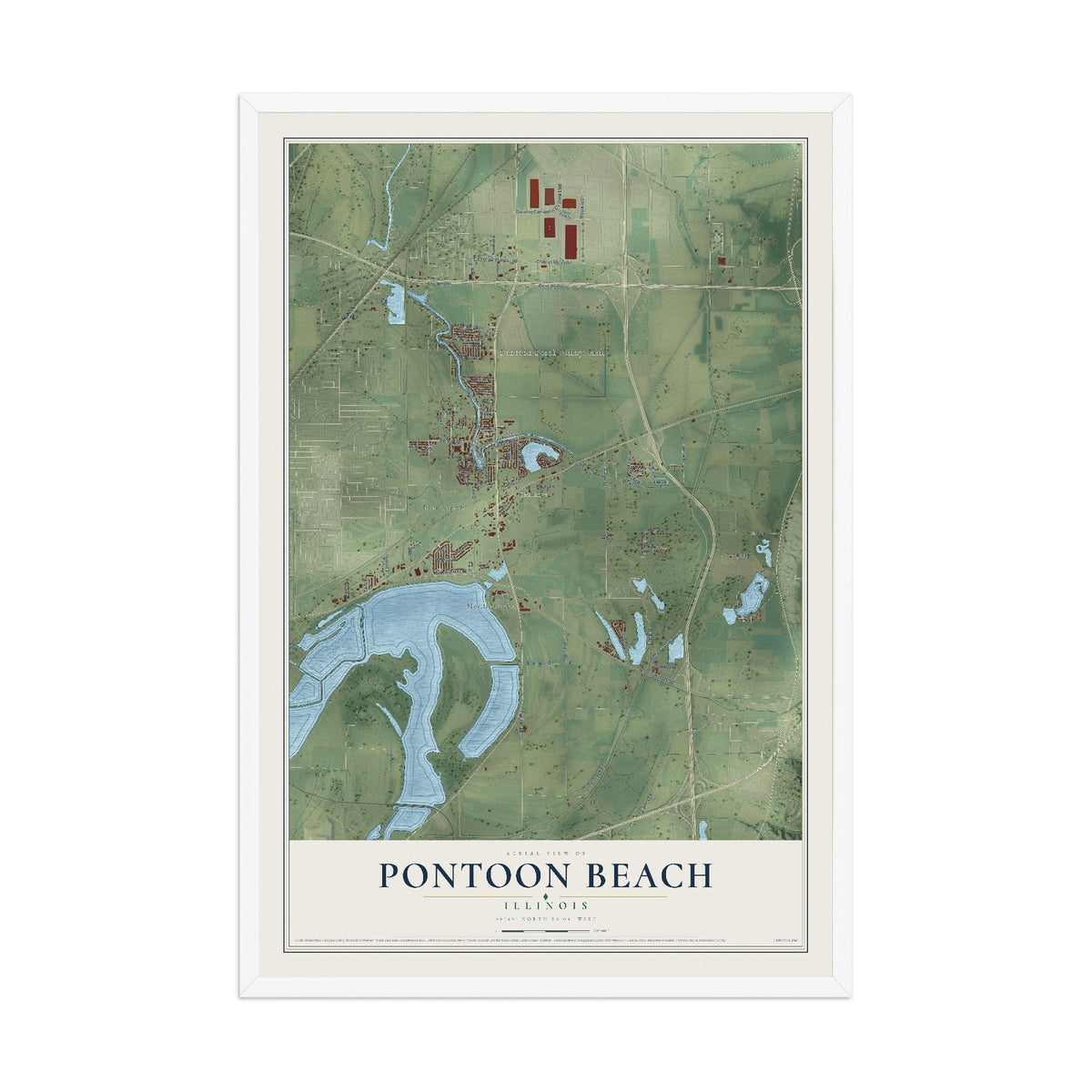 Map of Pontoon Beach, Illinois, 12 x 18 inch print in a white wood frame