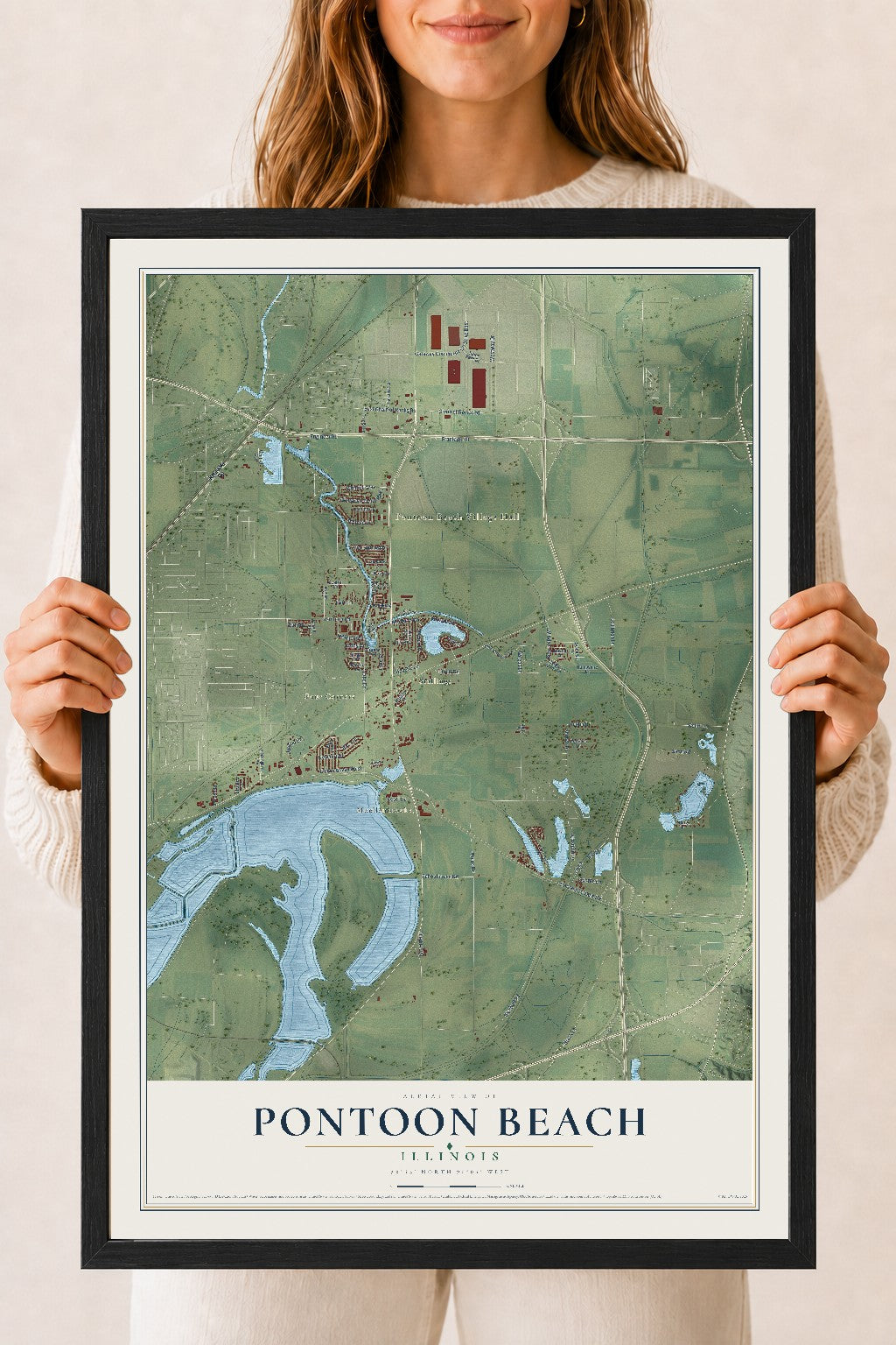 Map of Pontoon Beach, Illinois, 18 x 24 inch print in a black wood frame