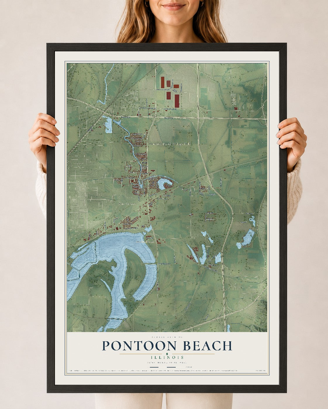 Map of Pontoon Beach, Illinois, 24 x 36 inch print in a black wood frame