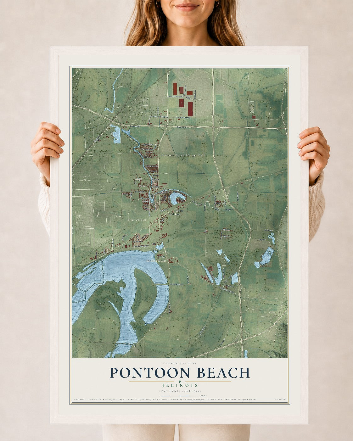 Map of Pontoon Beach, Illinois, 24 x 36 inch print in a white wood frame