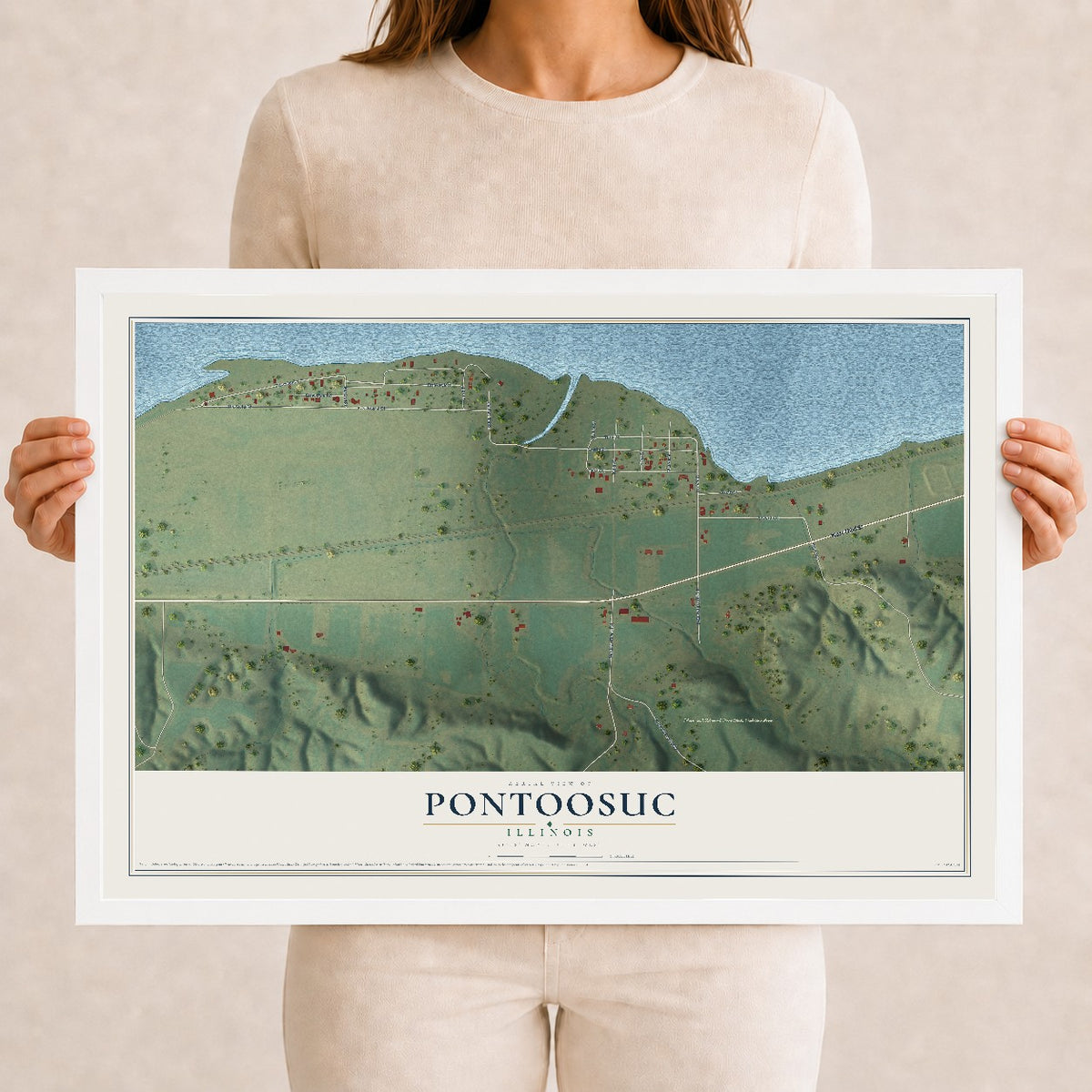 Map of Pontoosuc, Illinois, 12 x 18 inch print in a white wood frame