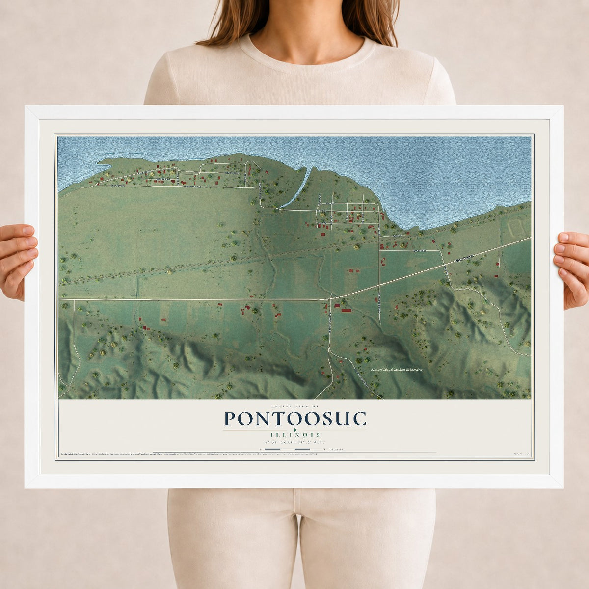 Map of Pontoosuc, Illinois, 18 x 24 inch print in a white wood frame