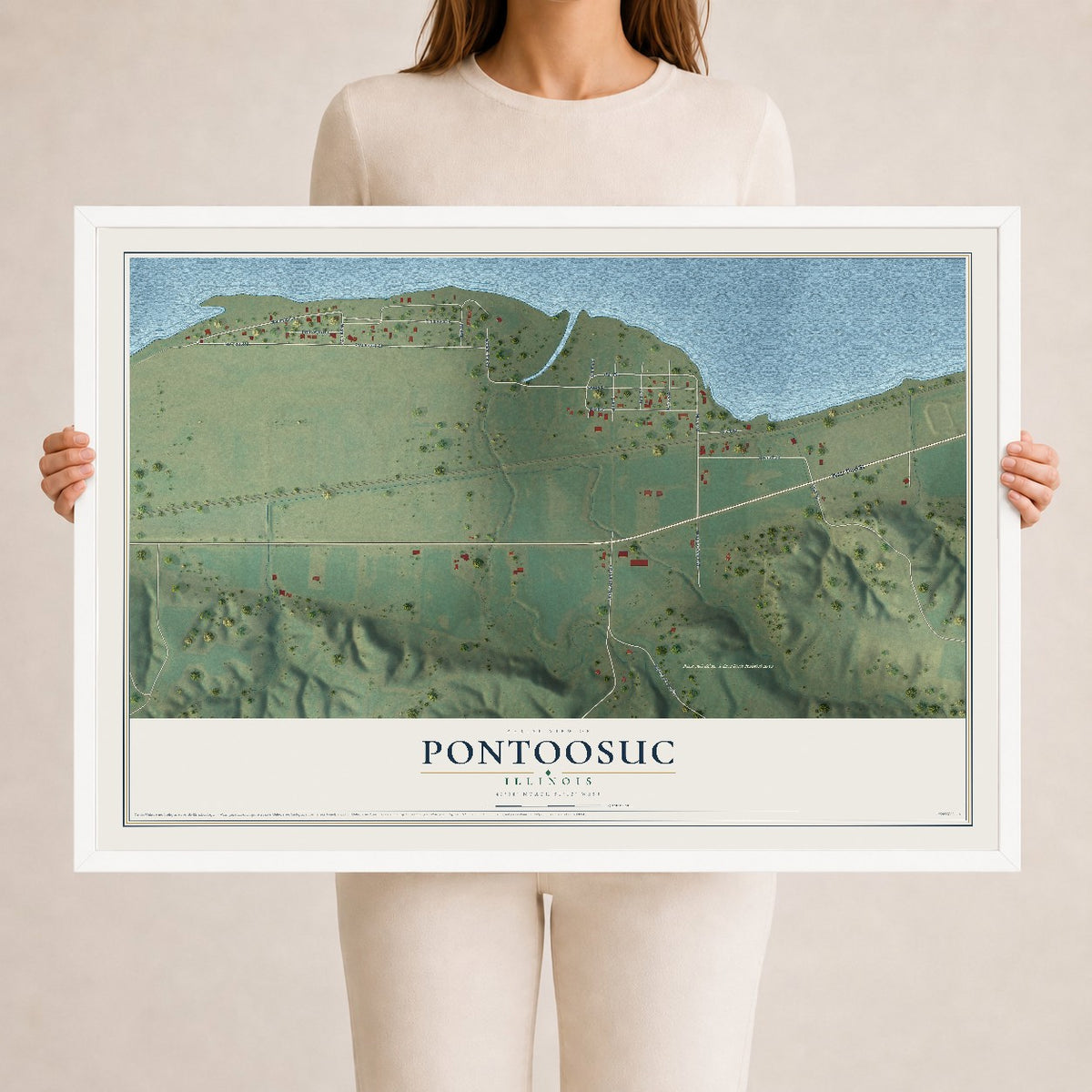 Map of Pontoosuc, Illinois, 24 x 36 inch print in a white wood frame