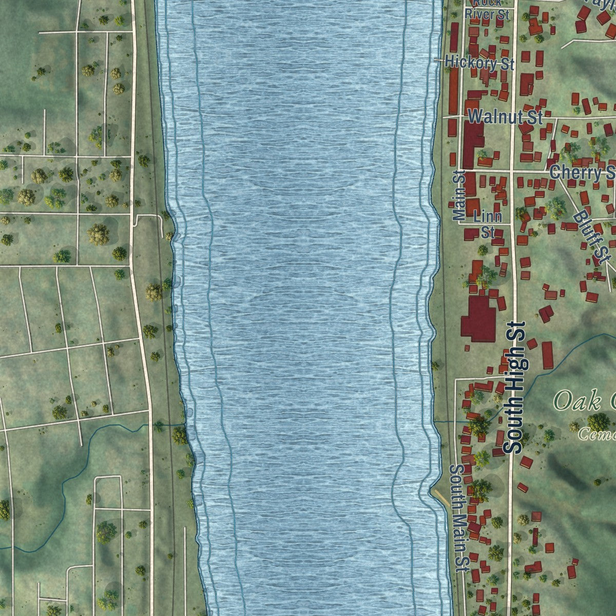 Close-up of the map of Port Byron, Illinois print showing street and building detail