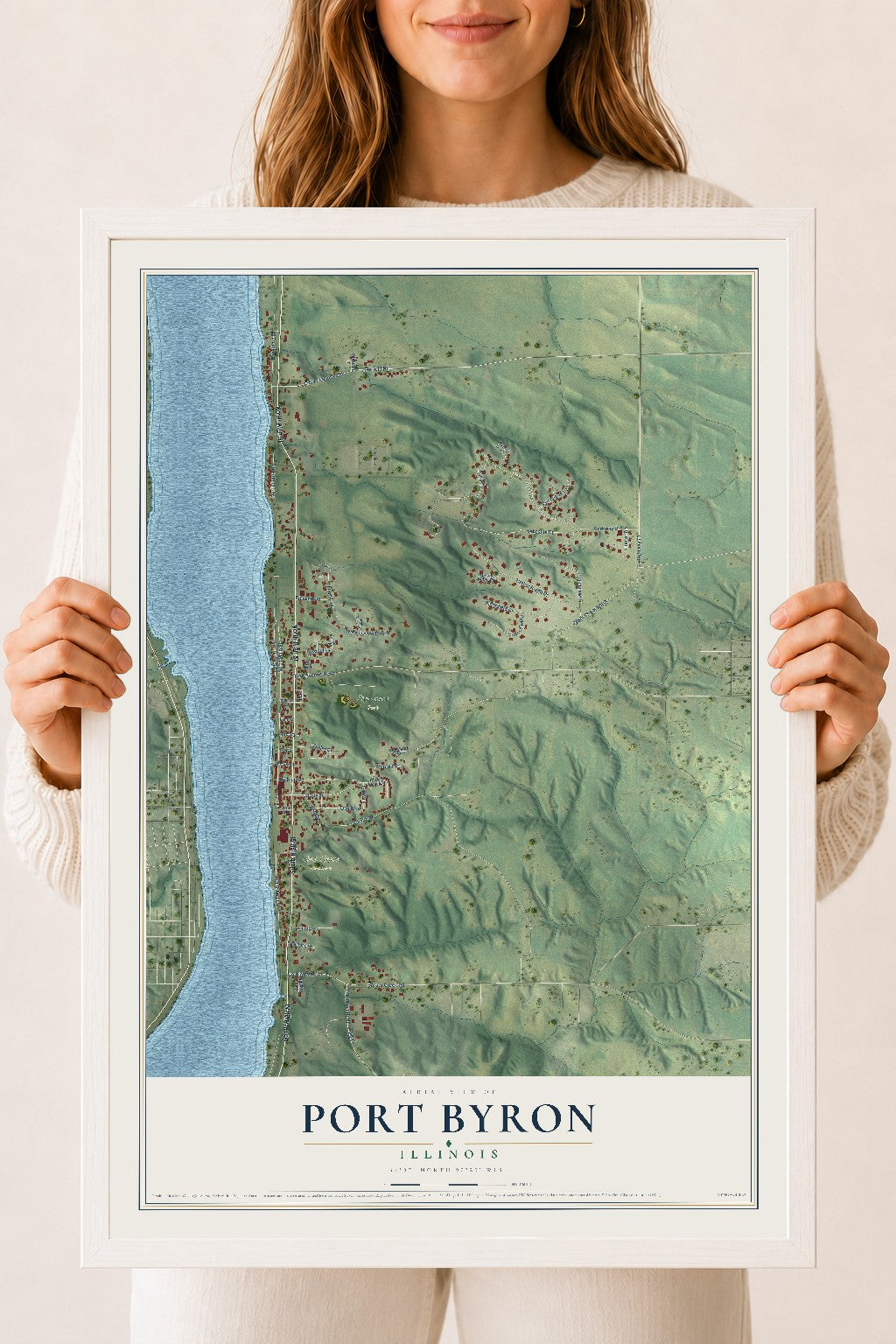 Map of Port Byron, Illinois, 18 x 24 inch print in a white wood frame