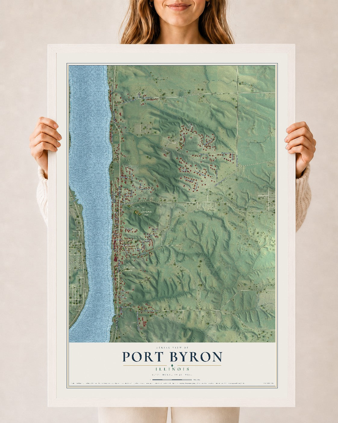 Map of Port Byron, Illinois, 24 x 36 inch print in a white wood frame