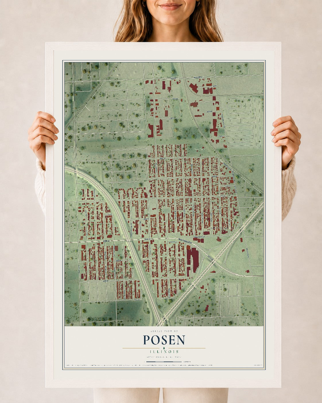 Map of Posen, Illinois, 24 x 36 inch print in a white wood frame