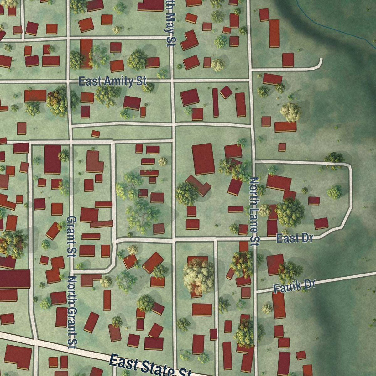 Close-up of the map of Potomac, Illinois print showing street and building detail