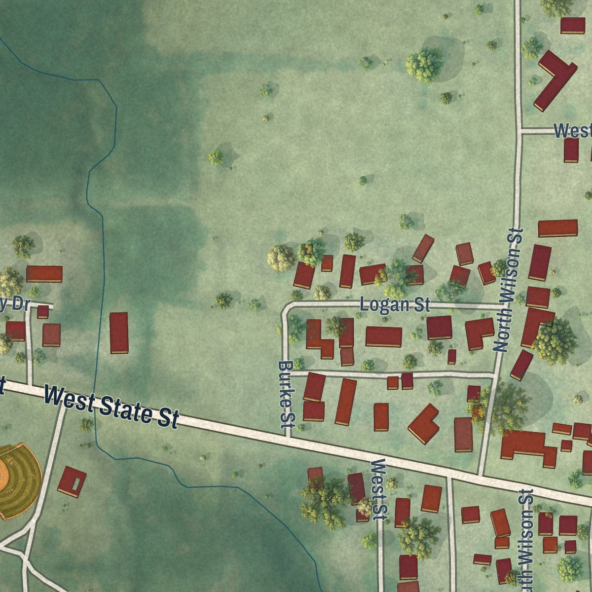 Second close-up of the map of Potomac, Illinois print showing more streets and buildings