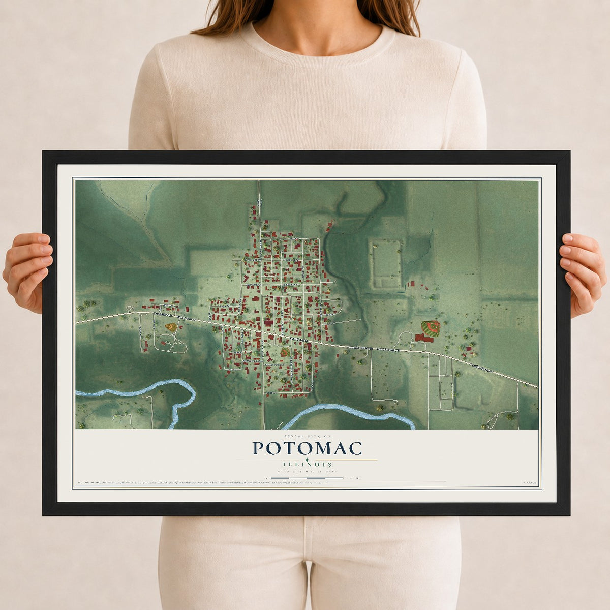 Map of Potomac, Illinois, 12 x 18 inch print in a black wood frame