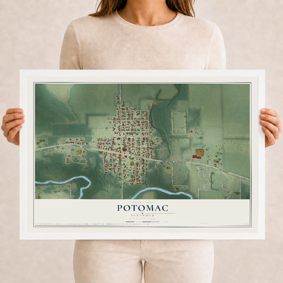 Map of Potomac, Illinois, 12 x 18 inch print in a white wood frame