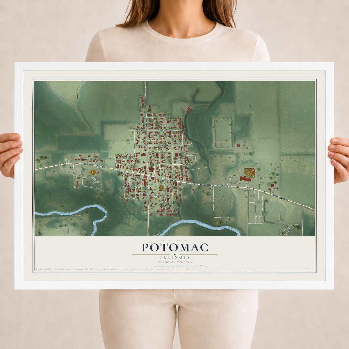 Map of Potomac, Illinois, 18 x 24 inch print in a white wood frame