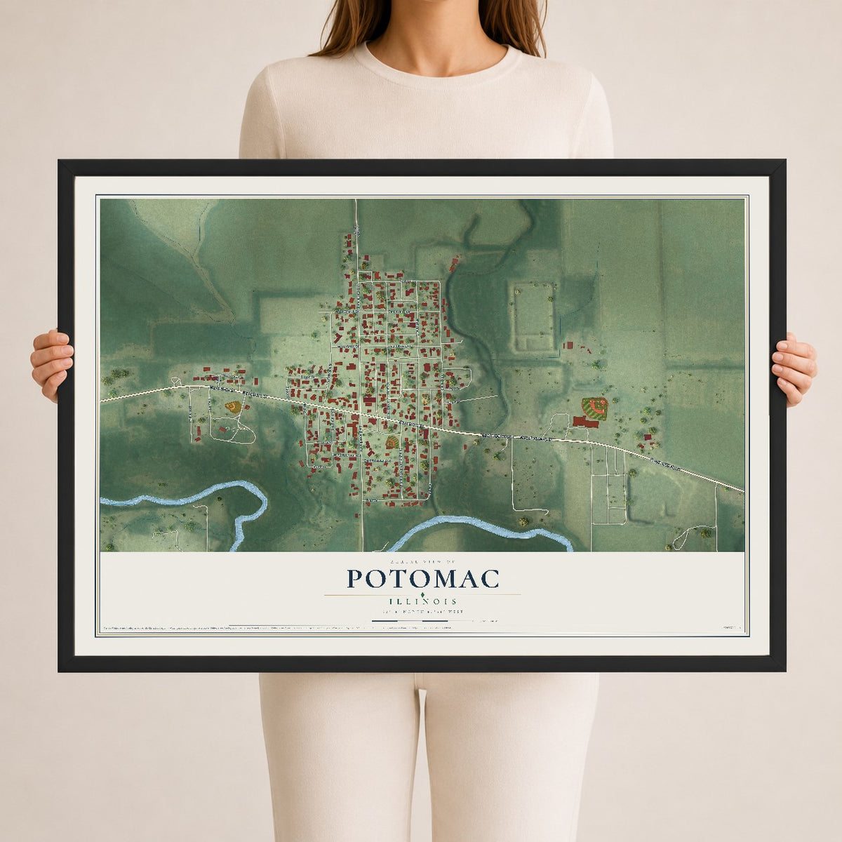 Map of Potomac, Illinois, 24 x 36 inch print in a black wood frame
