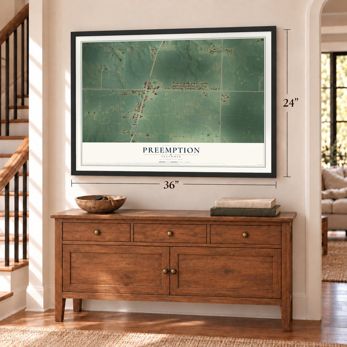 Preemption, Illinois map, 24 x 36 inch print in a black frame above a dresser by a staircase