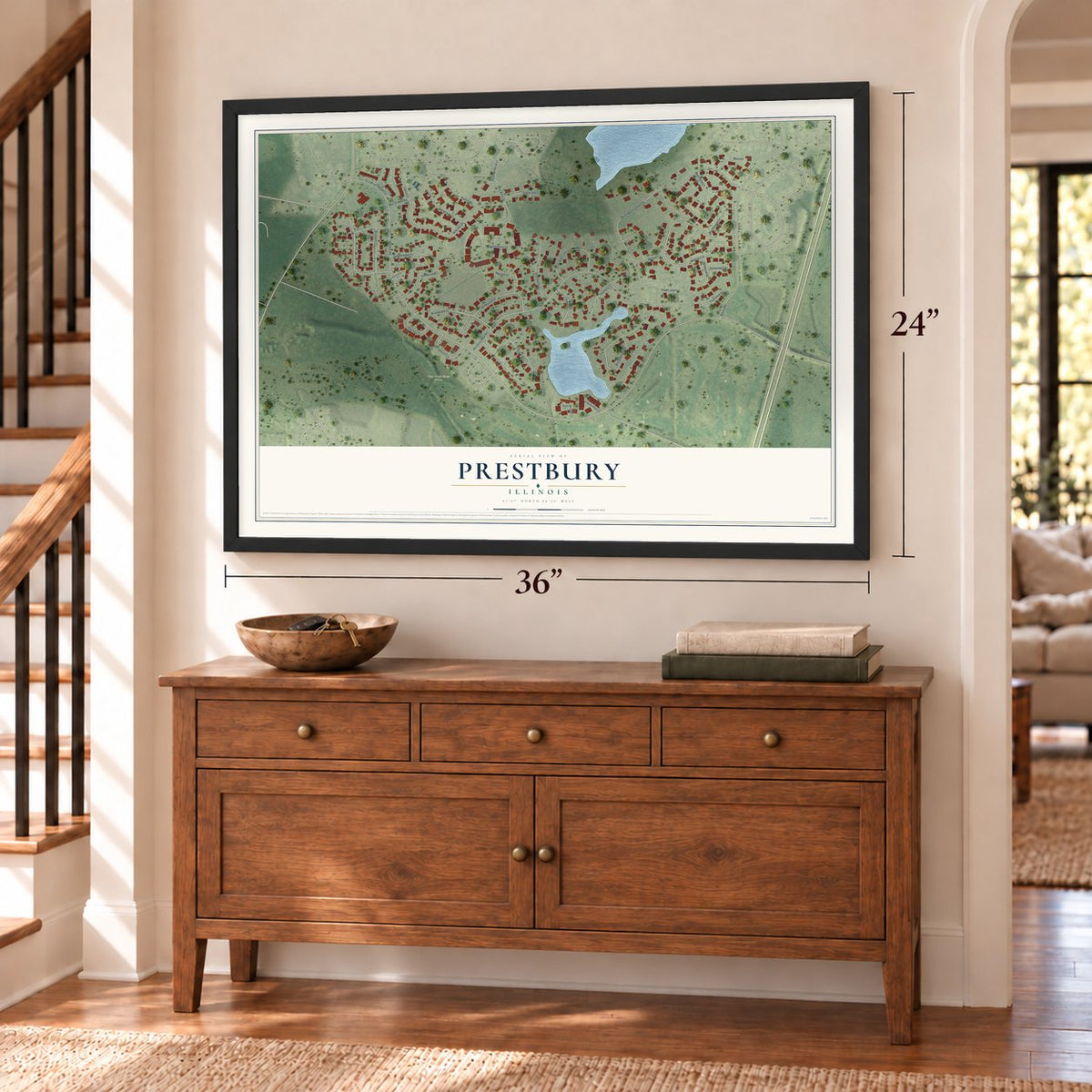 Prestbury, Illinois map, 24 x 36 inch print in a black frame above a dresser by a staircase