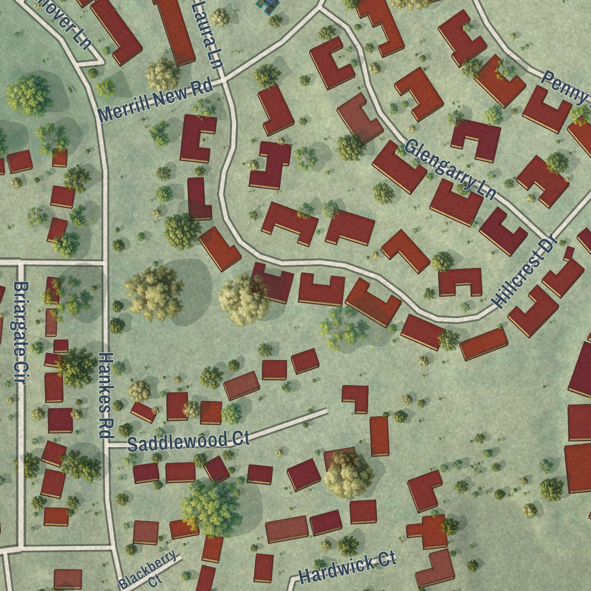 Close-up of the map of Prestbury, Illinois print showing street and building detail