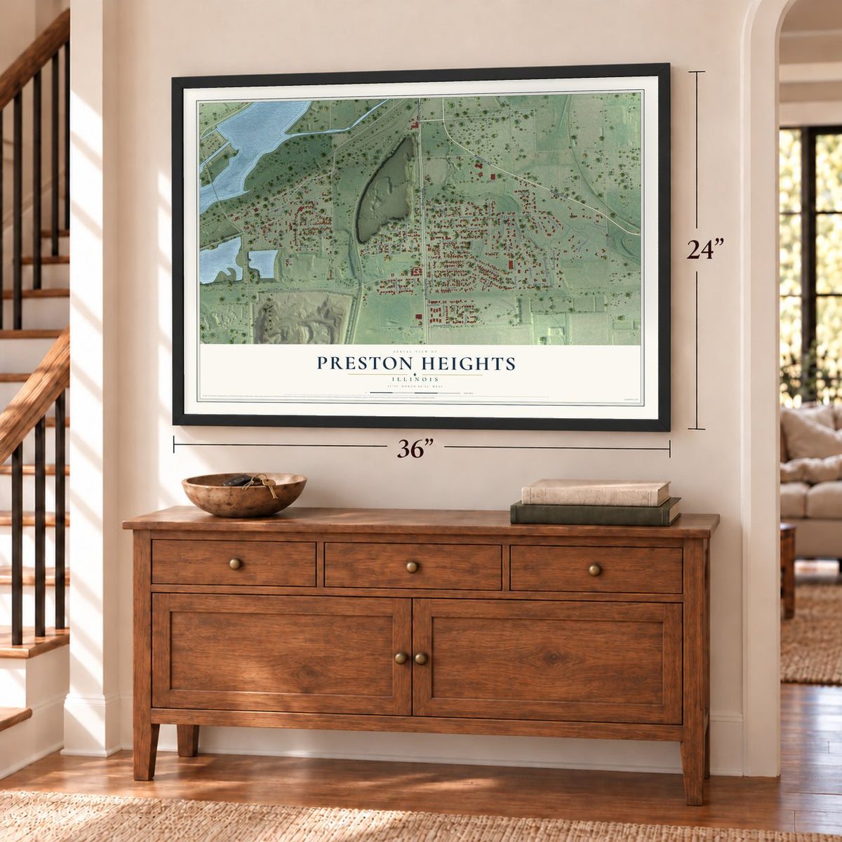 Preston Heights, Illinois map, 24 x 36 inch print in a black frame above a dresser by a staircase