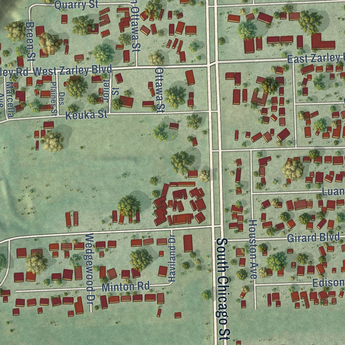 Close-up of the map of Preston Heights, Illinois print showing street and building detail