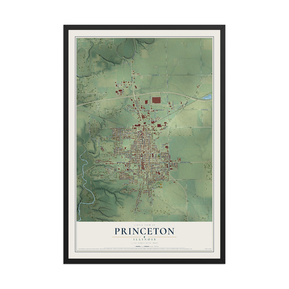 Map of Princeton, Illinois, 12 x 18 inch print in a black wood frame
