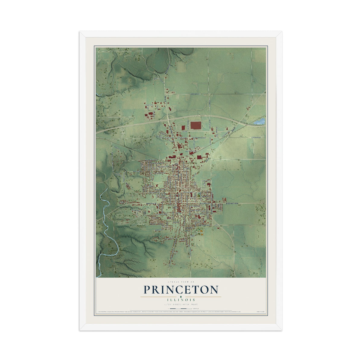 Map of Princeton, Illinois, 12 x 18 inch print in a white wood frame