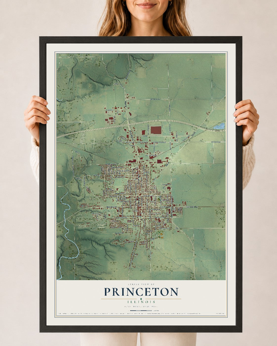 Map of Princeton, Illinois, 24 x 36 inch print in a black wood frame