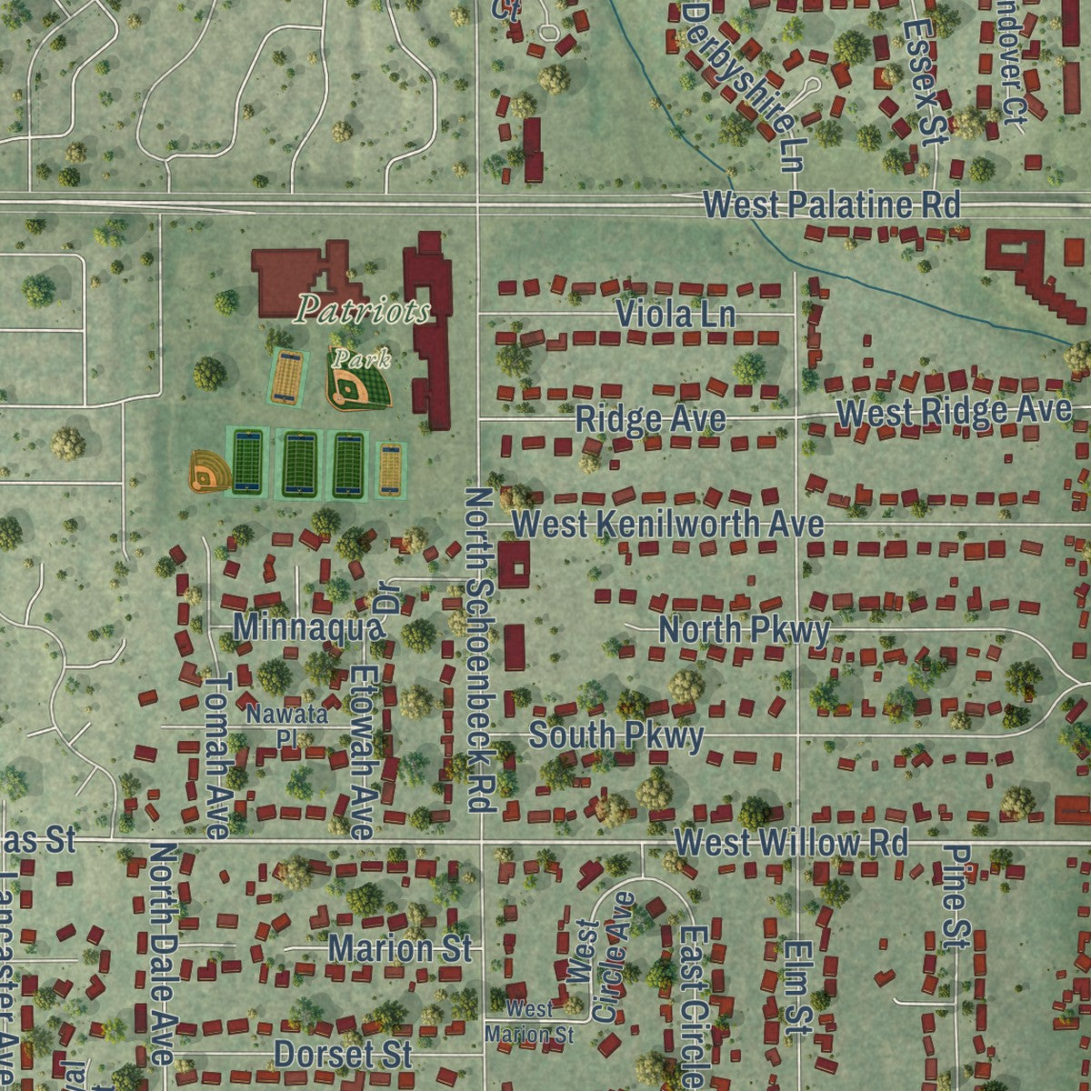Close-up of the map of Prospect Heights, Illinois print showing street and building detail
