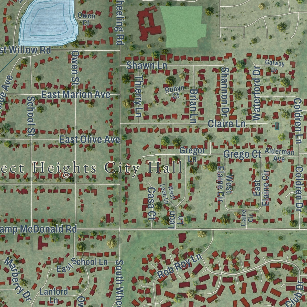 Second close-up of the map of Prospect Heights, Illinois print showing more streets and buildings