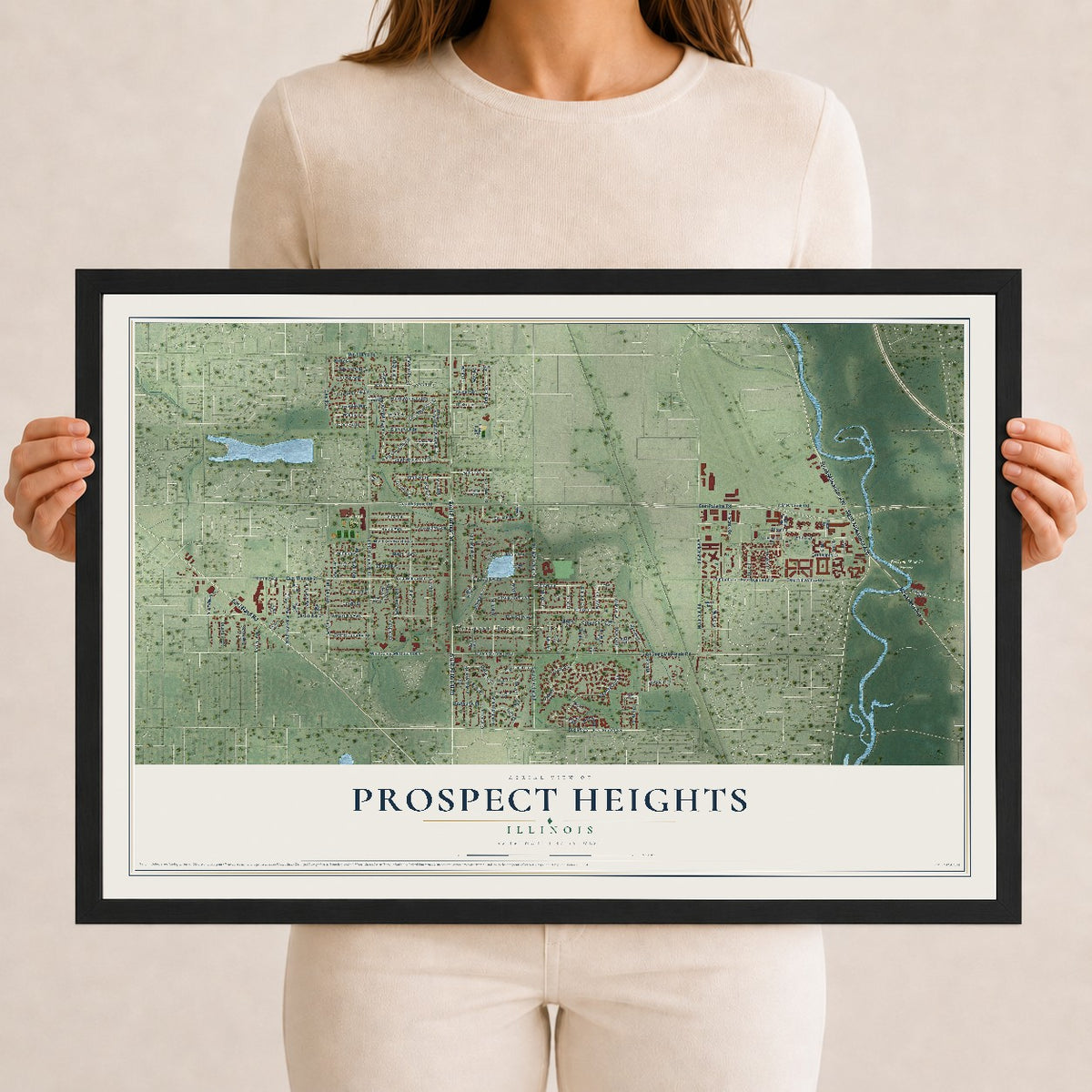 Map of Prospect Heights, Illinois, 12 x 18 inch print in a black wood frame