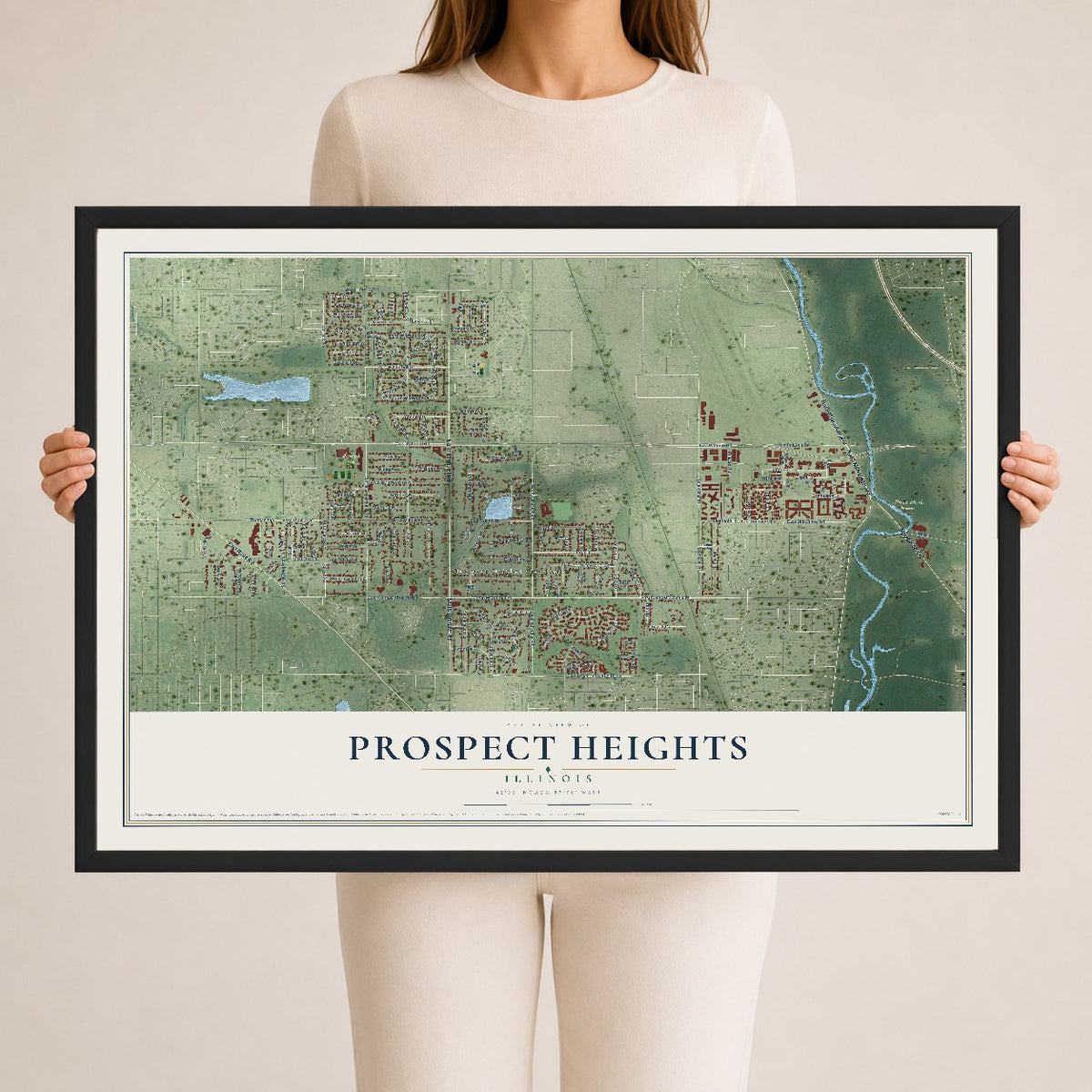 Map of Prospect Heights, Illinois, 24 x 36 inch print in a black wood frame