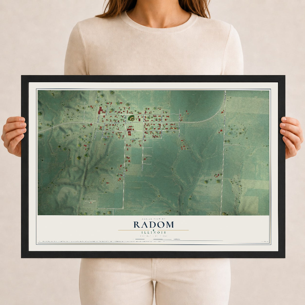 Map of Radom, Illinois, 12 x 18 inch print in a black wood frame