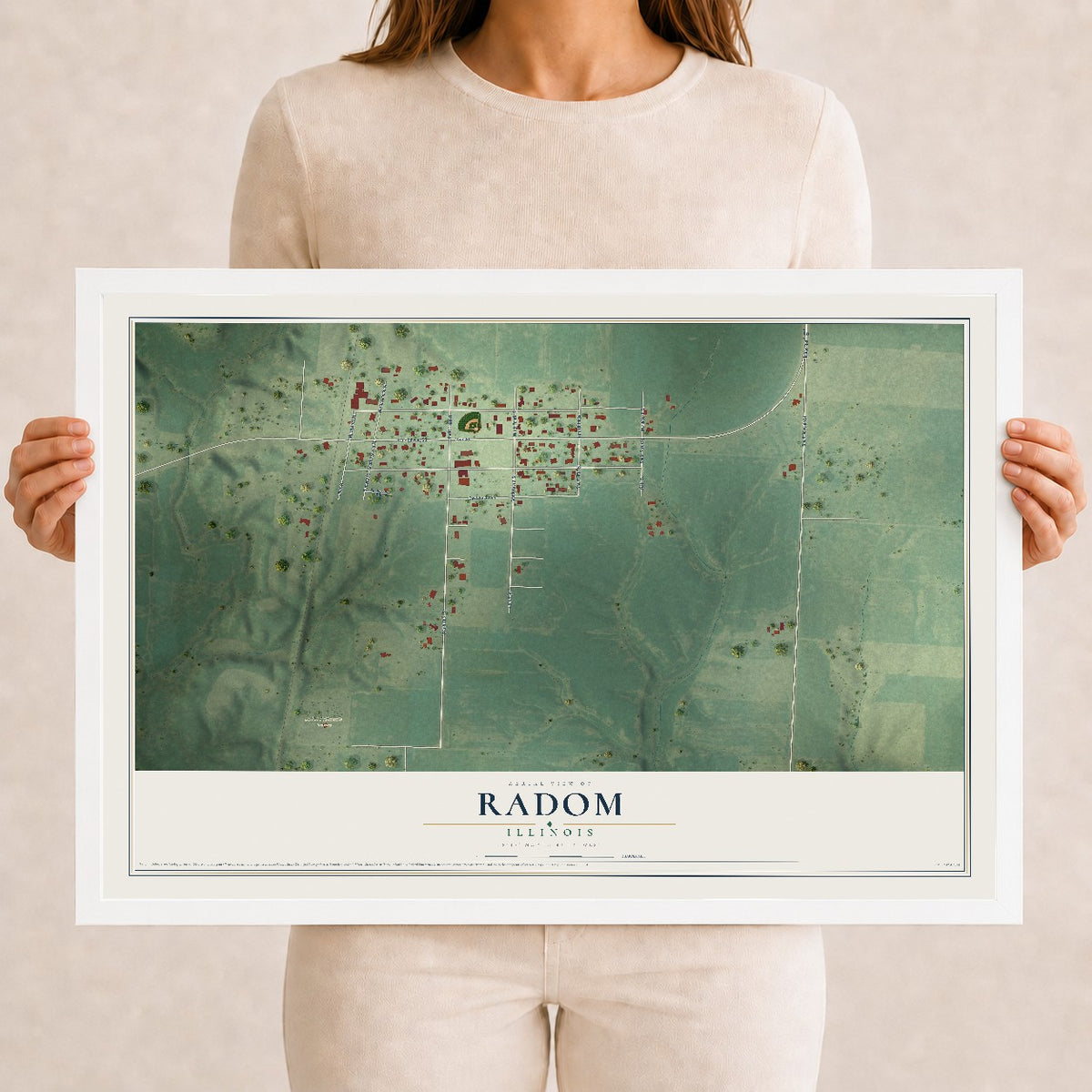 Map of Radom, Illinois, 12 x 18 inch print in a white wood frame