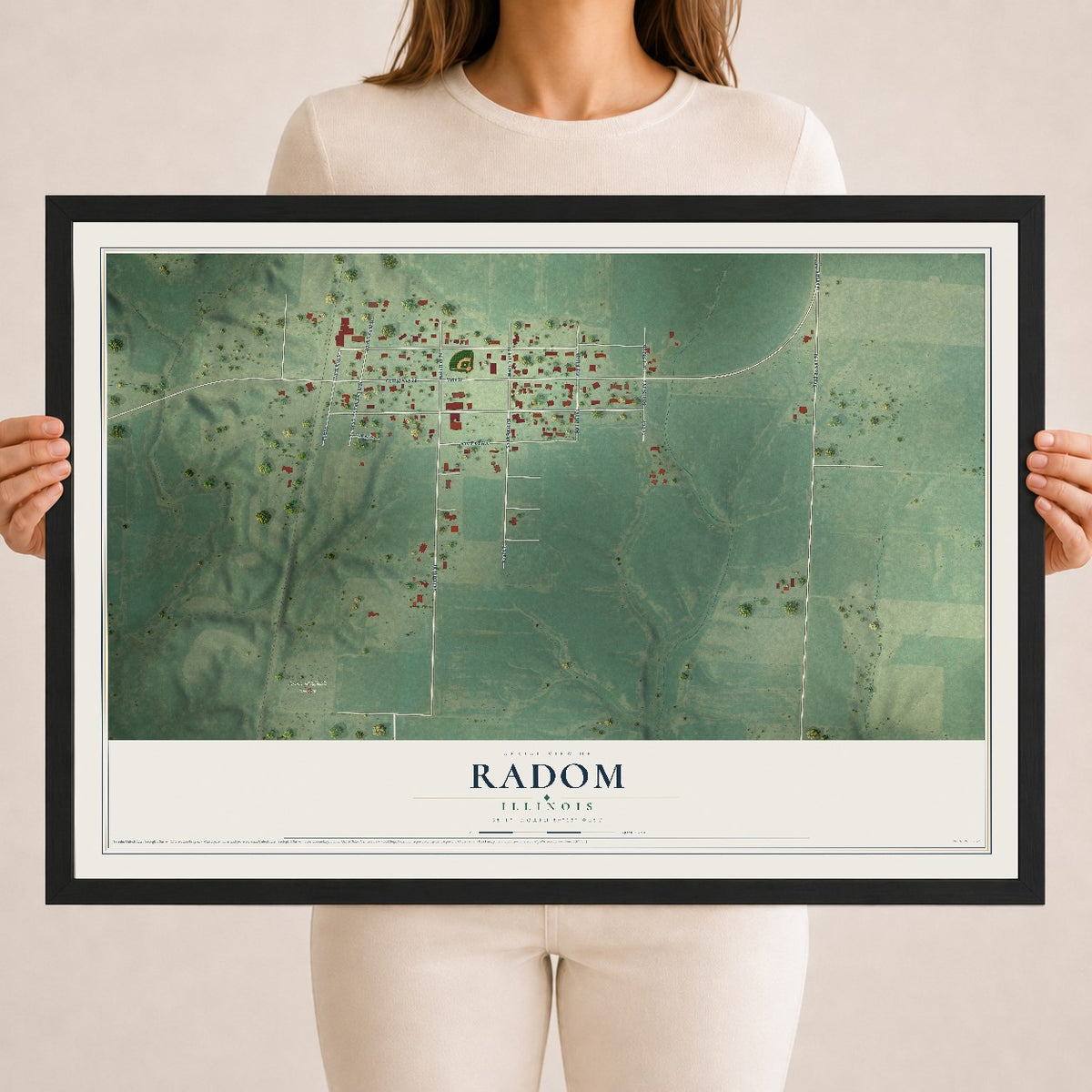 Map of Radom, Illinois, 18 x 24 inch print in a black wood frame