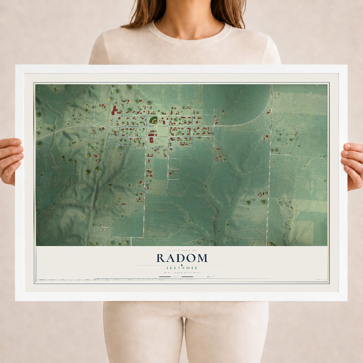 Map of Radom, Illinois, 18 x 24 inch print in a white wood frame