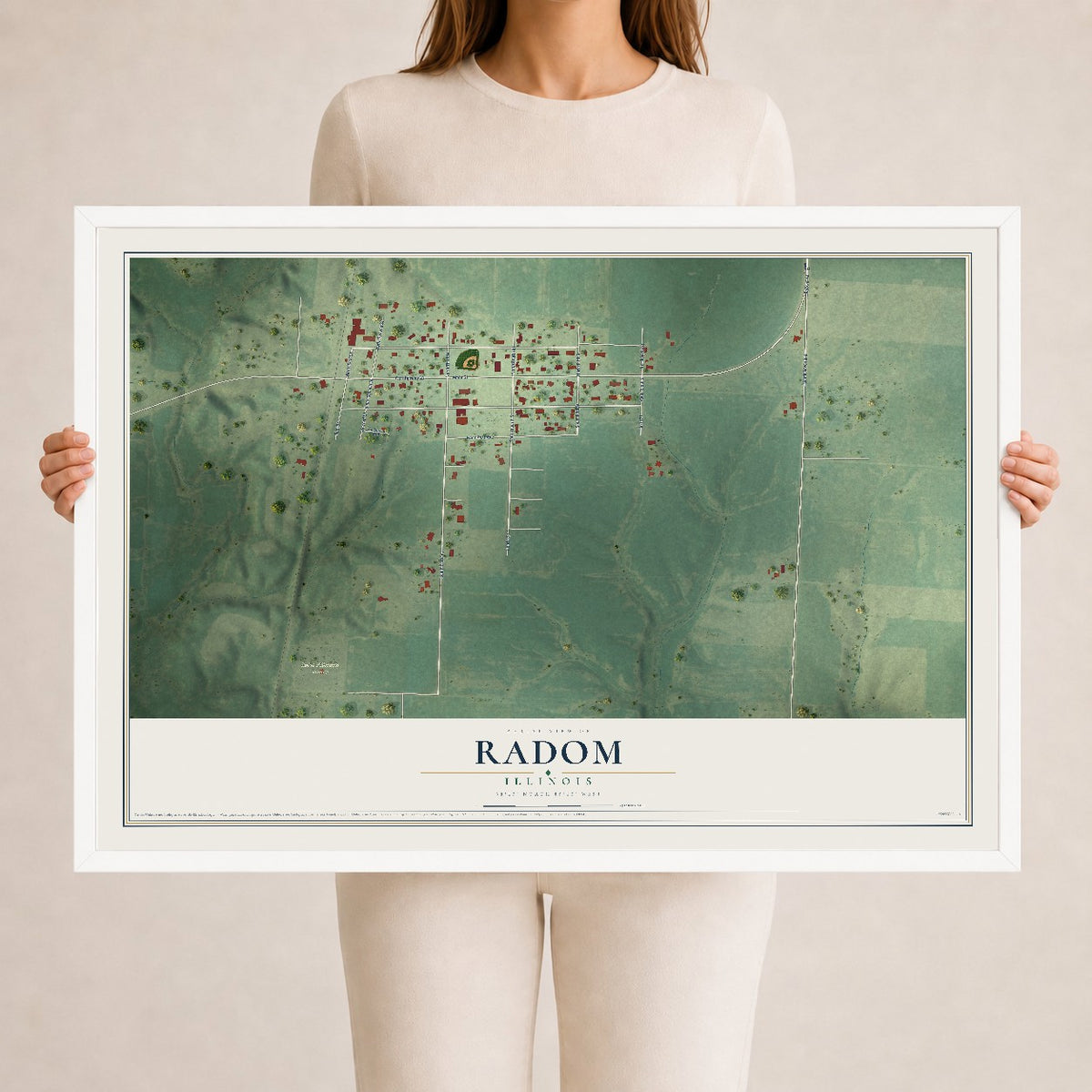 Map of Radom, Illinois, 24 x 36 inch print in a white wood frame