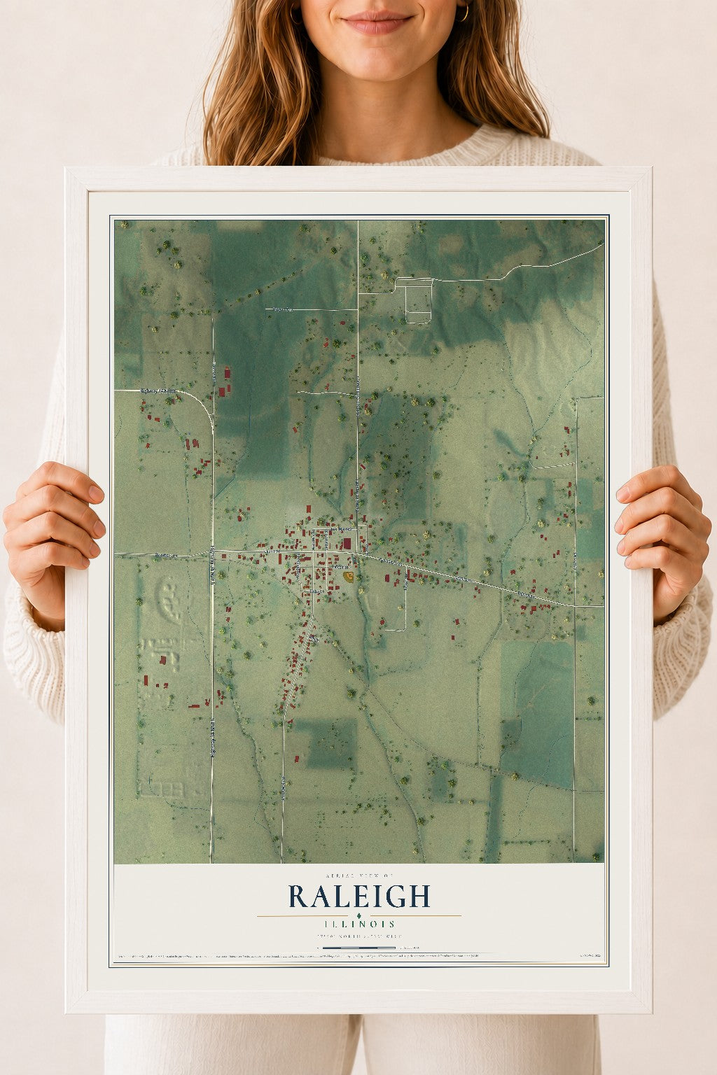 Map of Raleigh, Illinois, 18 x 24 inch print in a white wood frame