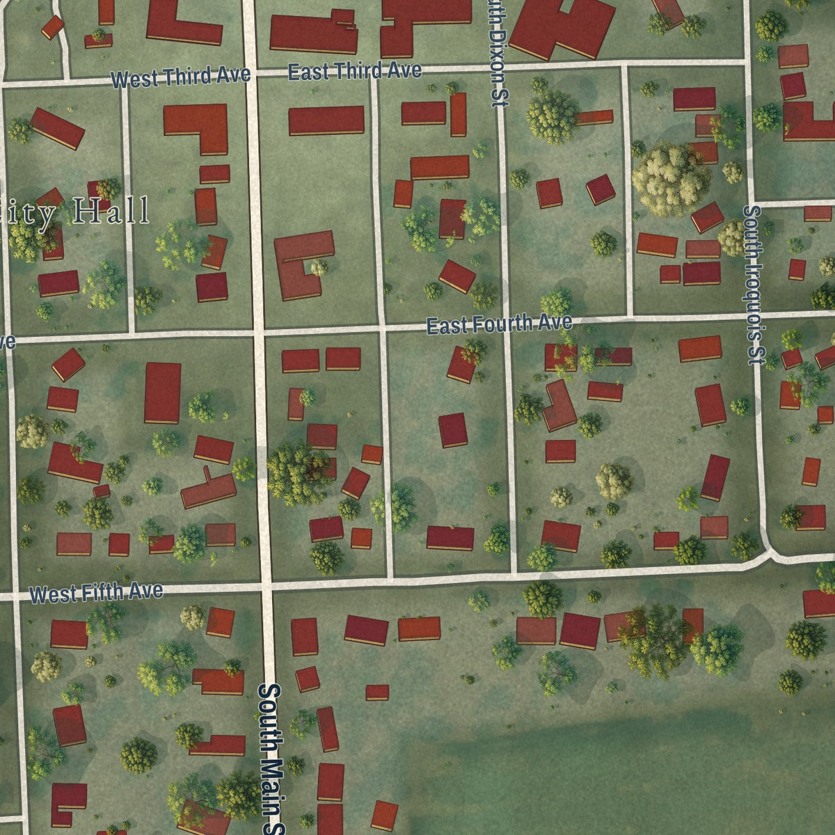 Close-up of the map of Rankin, Illinois print showing street and building detail