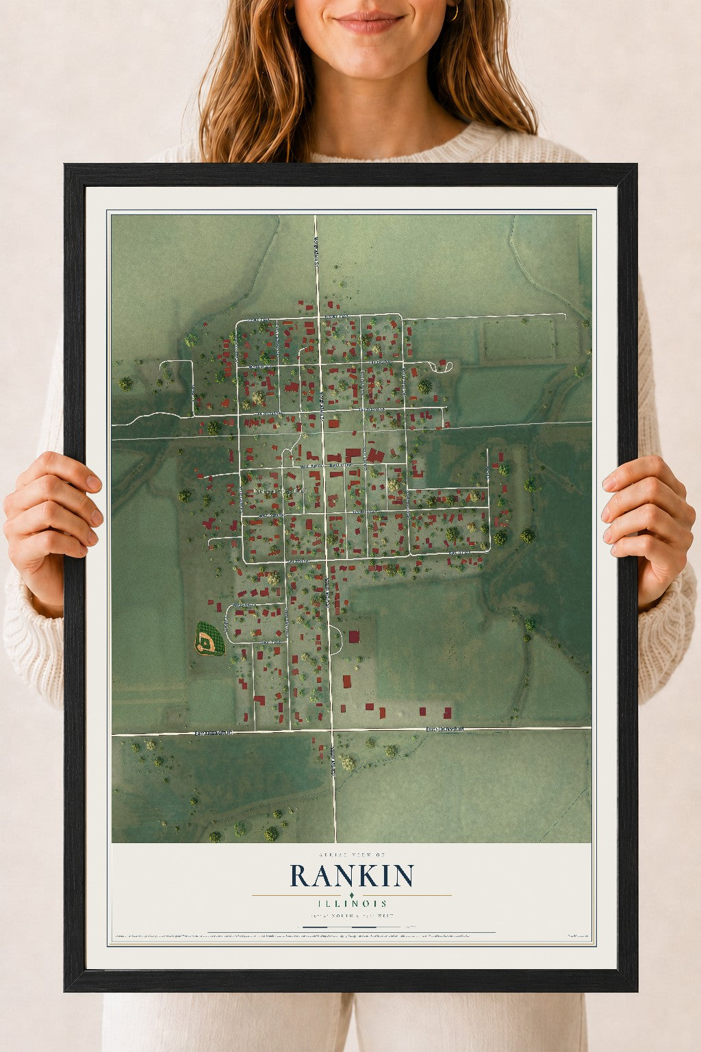Map of Rankin, Illinois, 18 x 24 inch print in a black wood frame