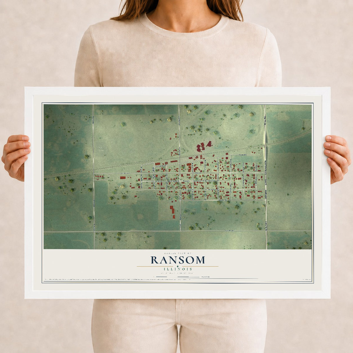 Map of Ransom, Illinois, 12 x 18 inch print in a white wood frame