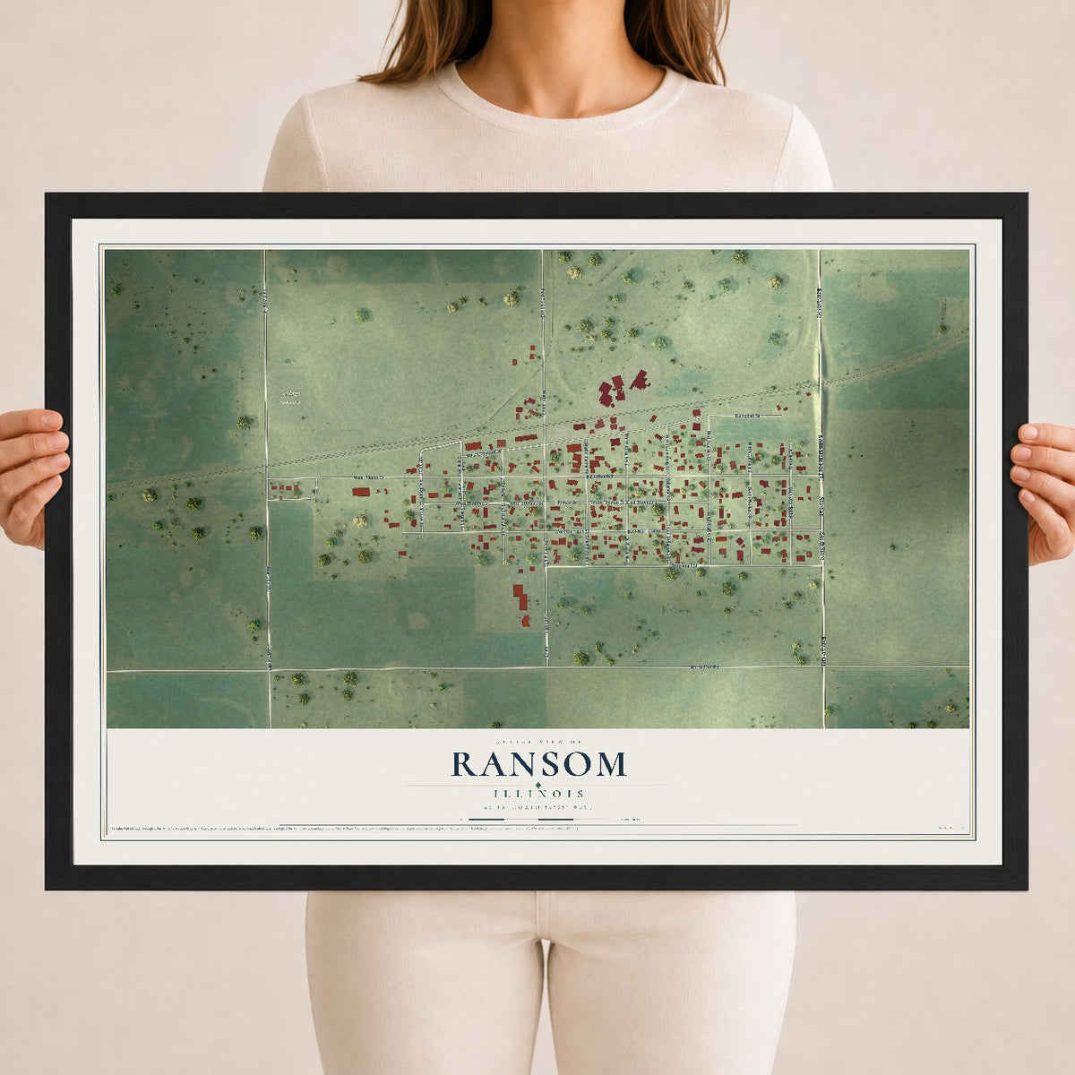 Map of Ransom, Illinois, 18 x 24 inch print in a black wood frame