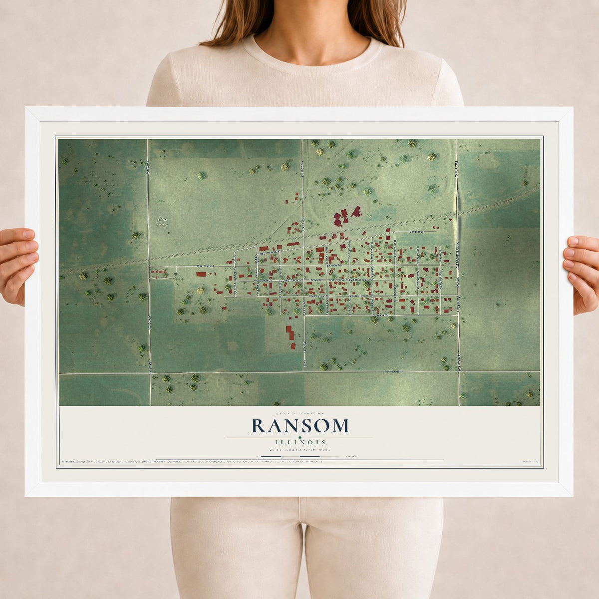 Map of Ransom, Illinois, 18 x 24 inch print in a white wood frame