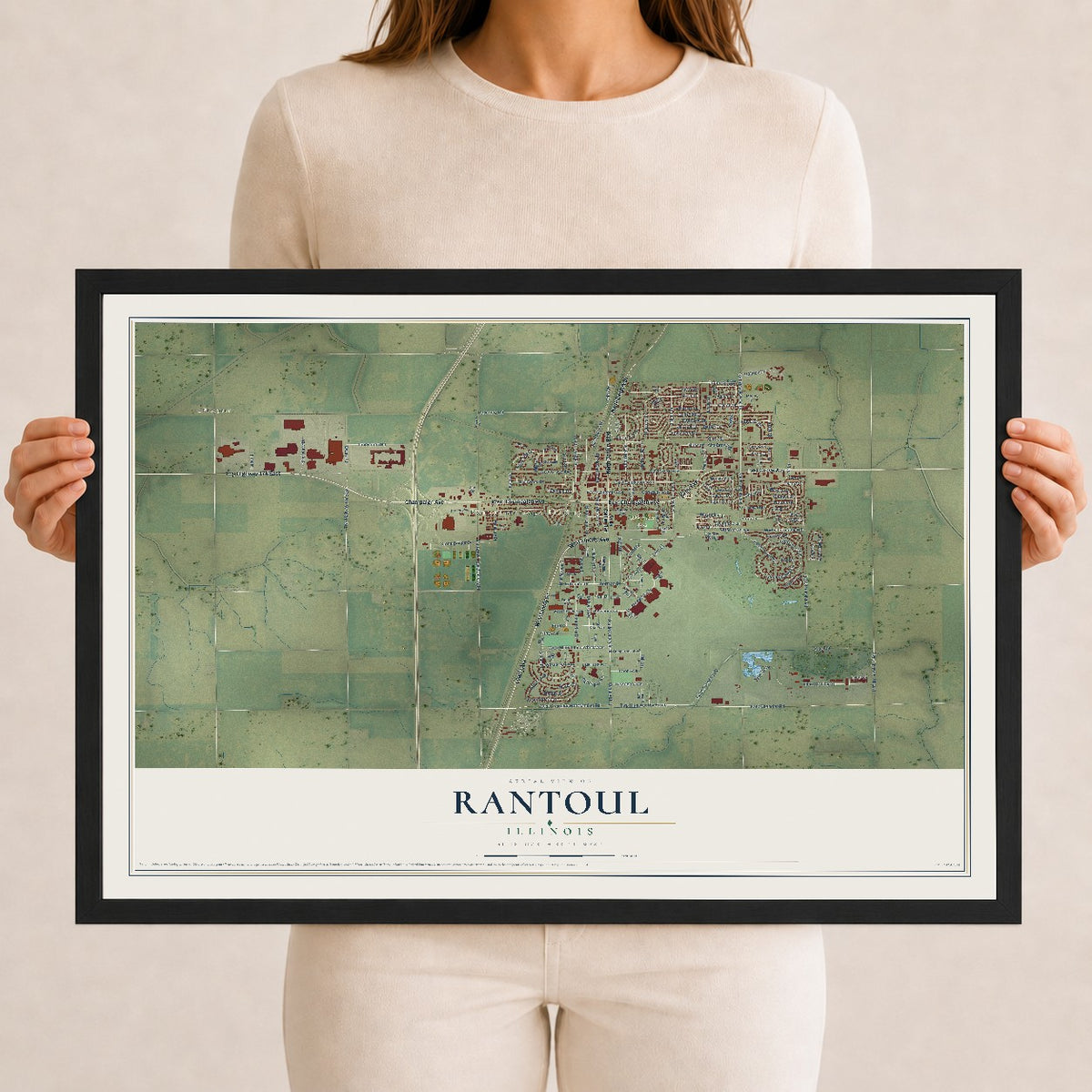 Map of Rantoul, Illinois, 12 x 18 inch print in a black wood frame