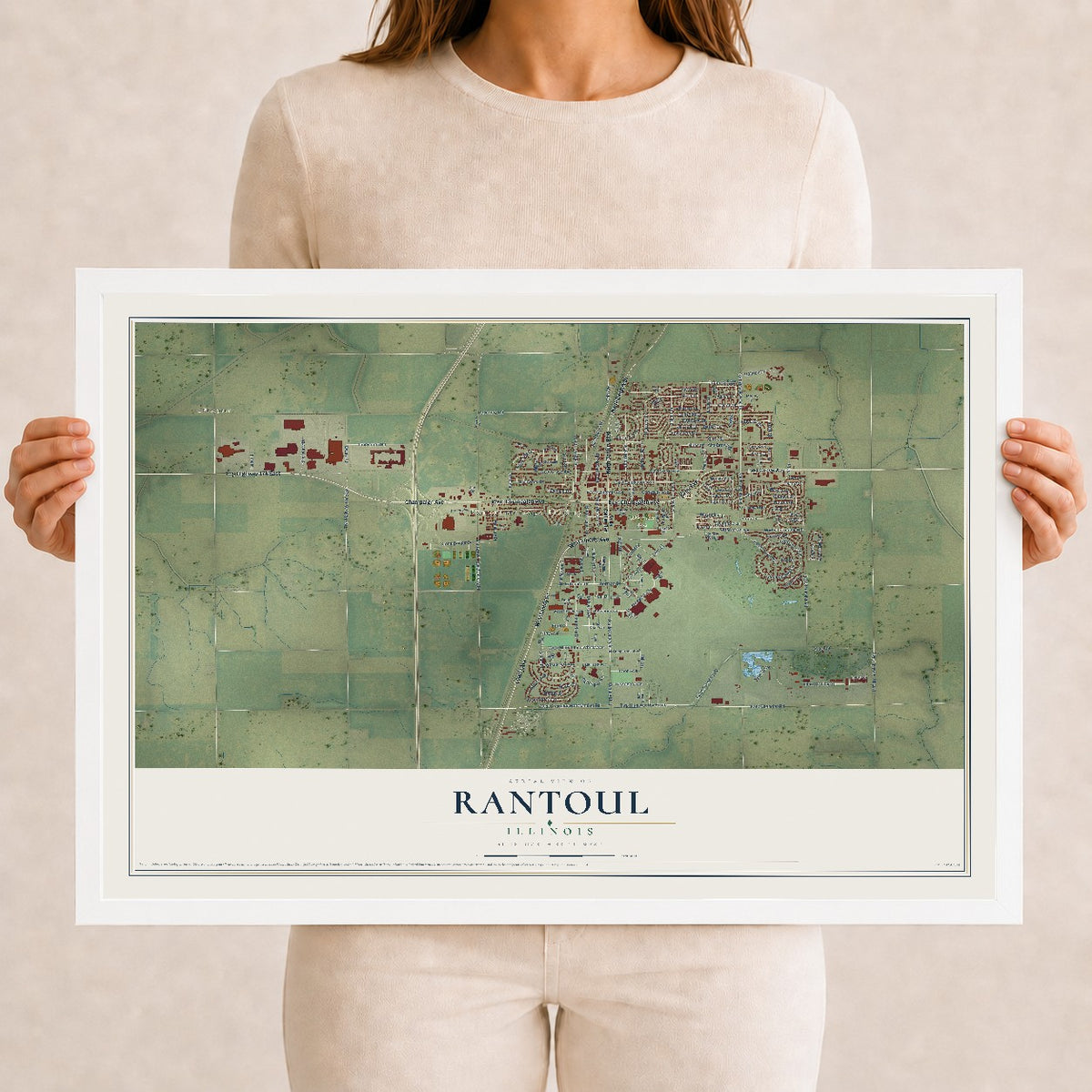 Map of Rantoul, Illinois, 12 x 18 inch print in a white wood frame
