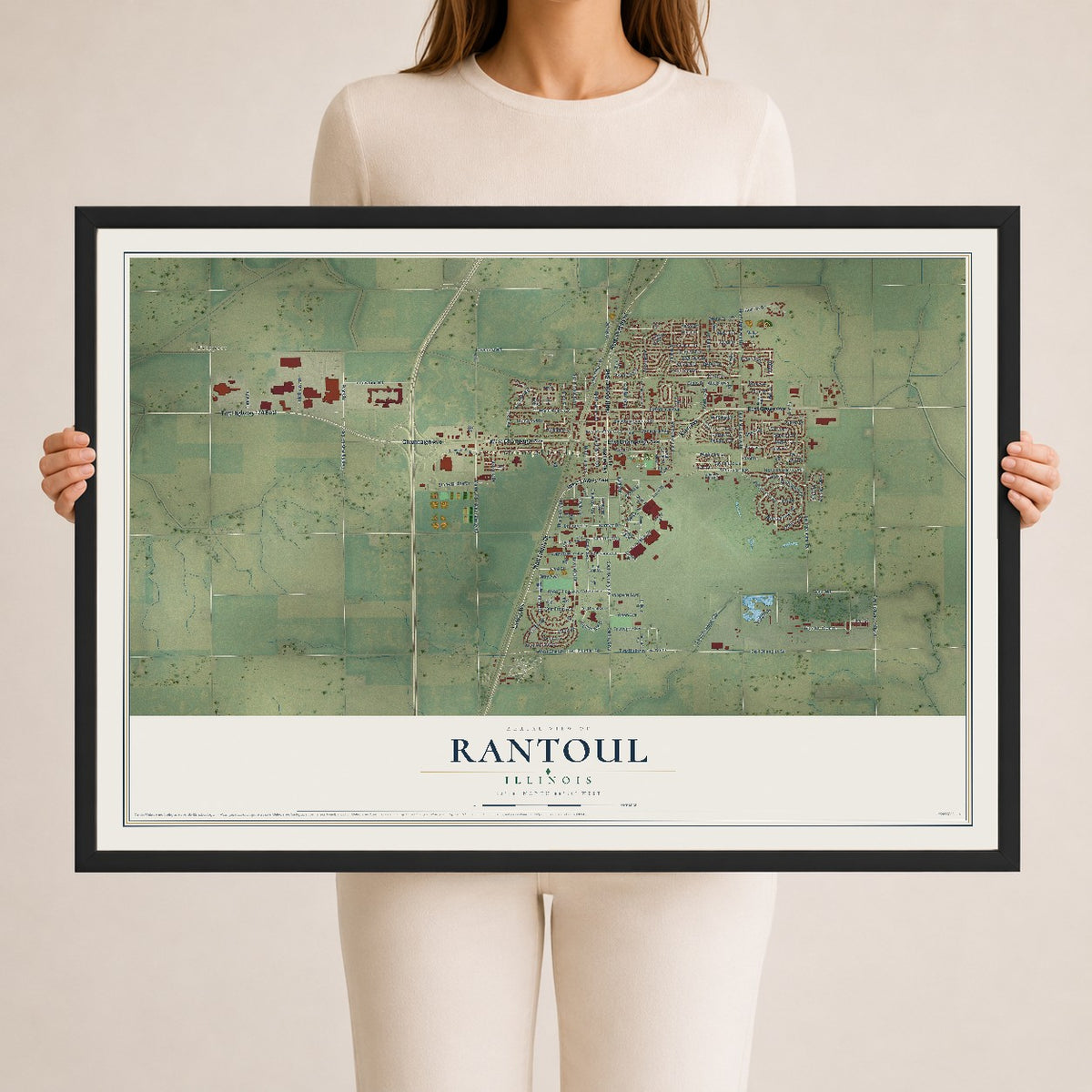 Map of Rantoul, Illinois, 24 x 36 inch print in a black wood frame