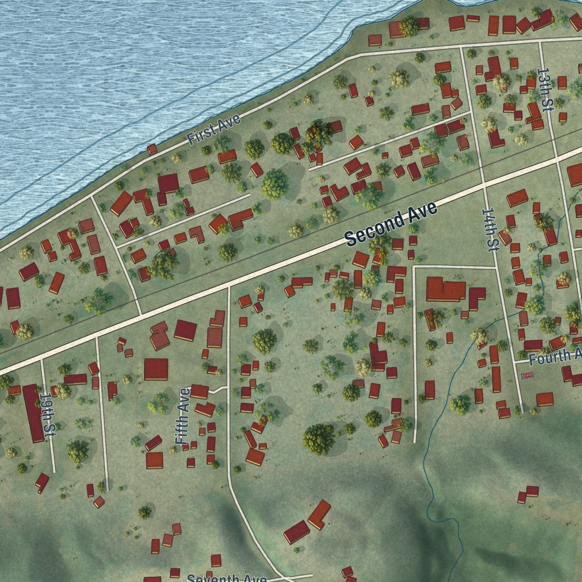 Close-up of the map of Rapids City, Illinois print showing street and building detail