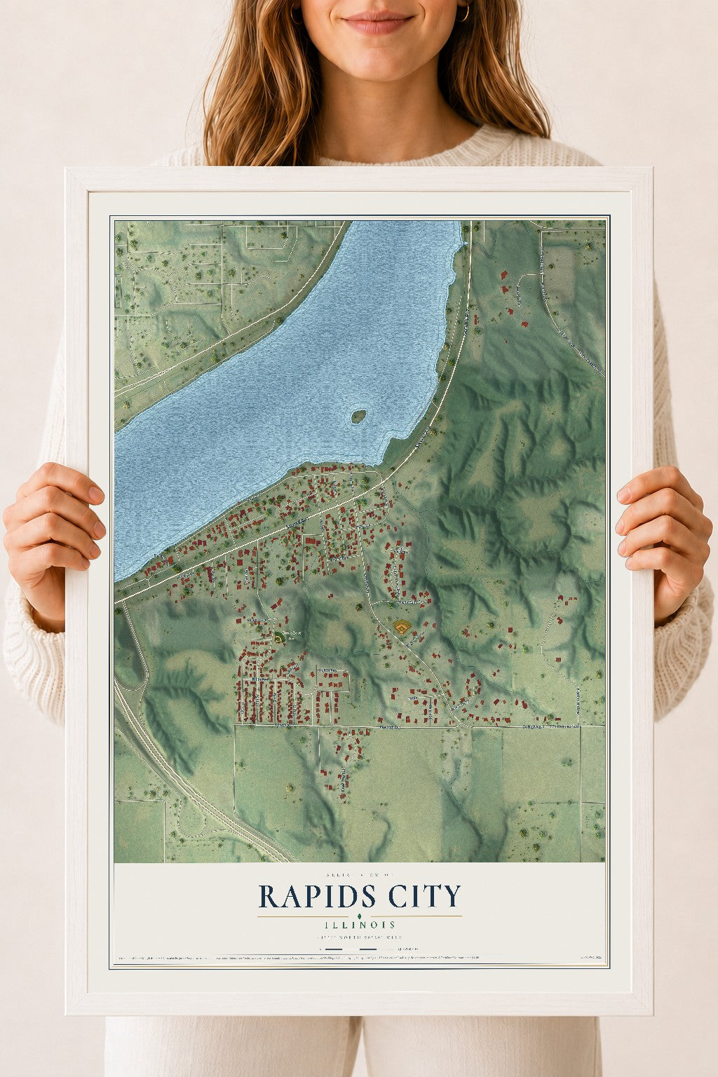 Map of Rapids City, Illinois, 18 x 24 inch print in a white wood frame