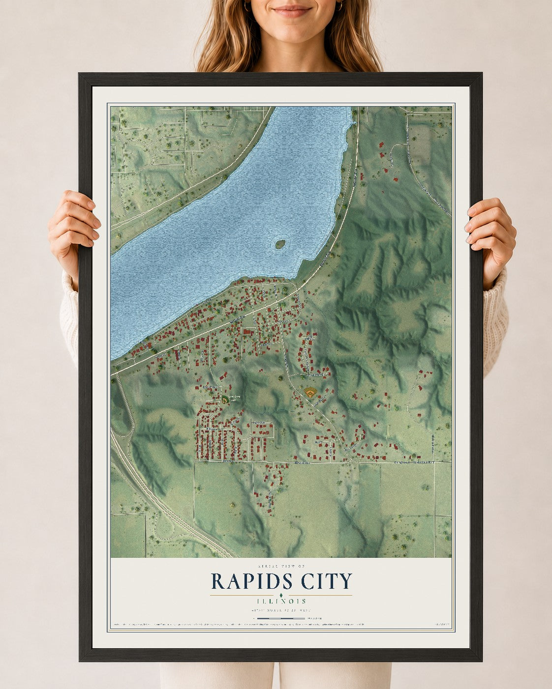 Map of Rapids City, Illinois, 24 x 36 inch print in a black wood frame