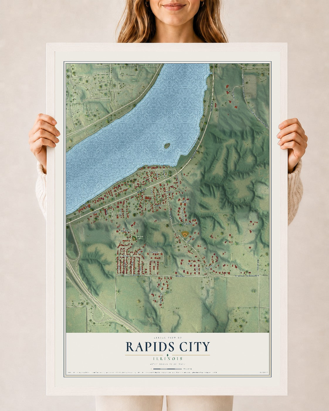 Map of Rapids City, Illinois, 24 x 36 inch print in a white wood frame