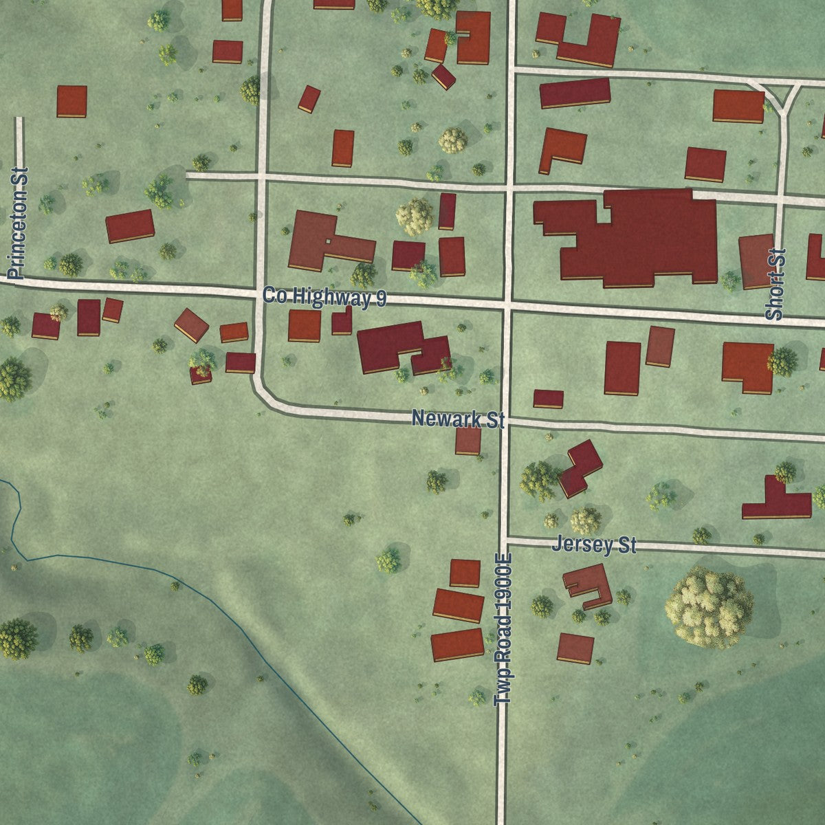Close-up of the map of Raritan, Illinois print showing street and building detail