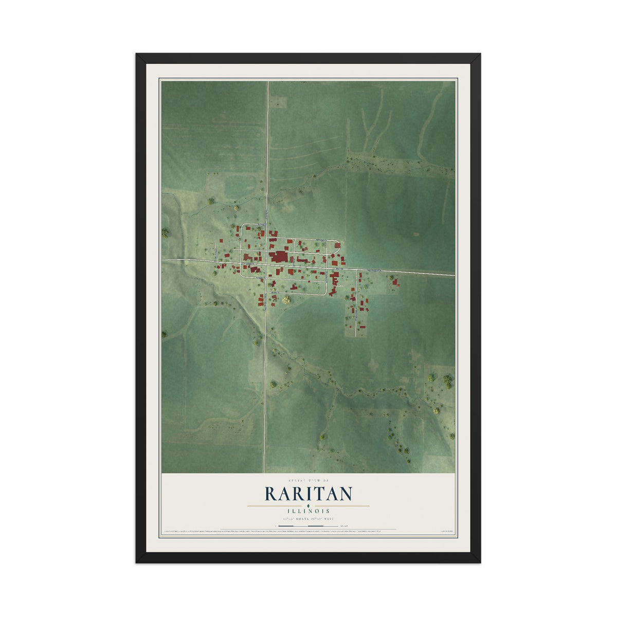 Map of Raritan, Illinois, 12 x 18 inch print in a black wood frame