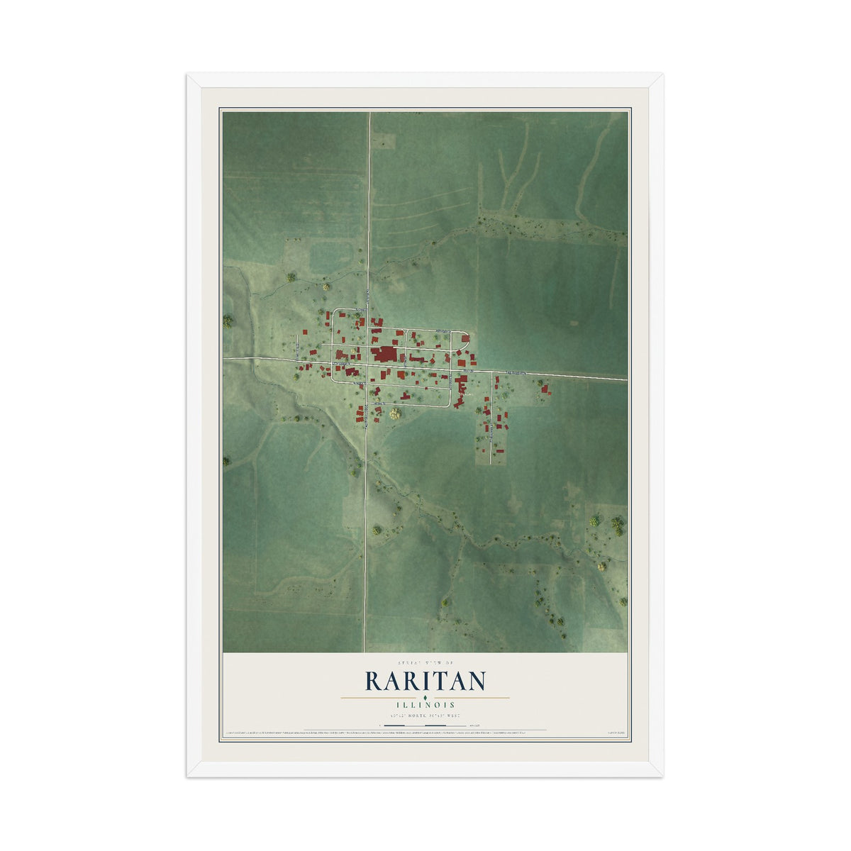 Map of Raritan, Illinois, 12 x 18 inch print in a white wood frame